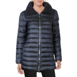 Bernardo Knit Detail EcoPlume Packable Puffer Coat, Deep Ocean, Size XL